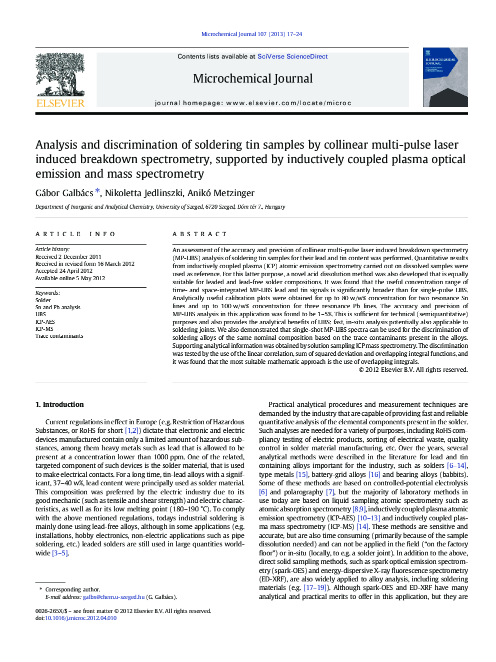 Analysis and discrimination of soldering tin samples by collinear multi-pulse laser induced breakdown spectrometry, supported by inductively coupled plasma optical emission and mass spectrometry