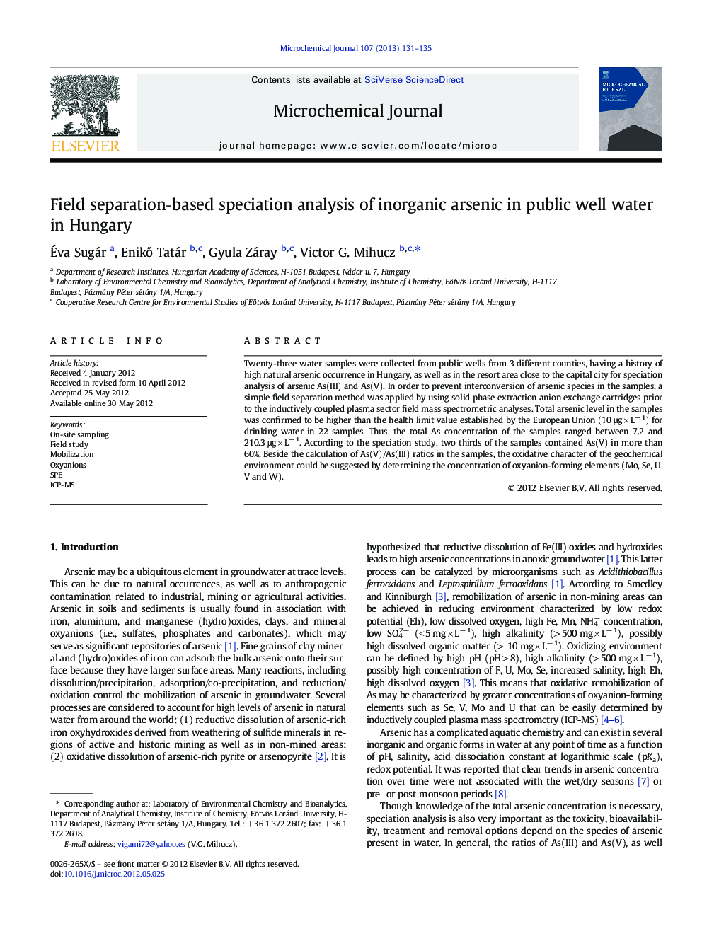 Field separation‐based speciation analysis of inorganic arsenic in public well water in Hungary