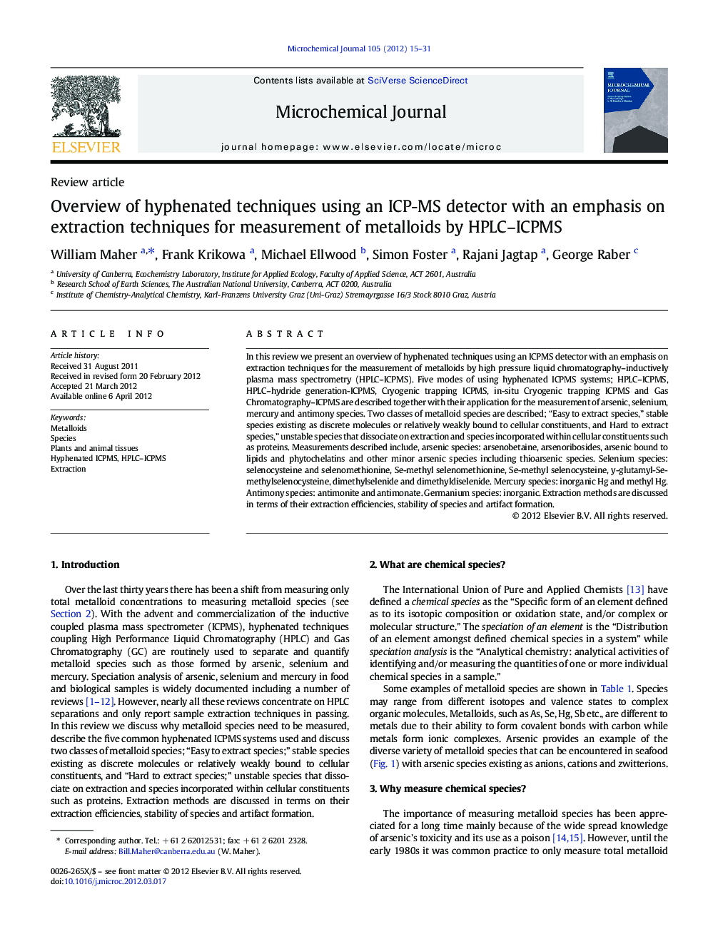 Overview of hyphenated techniques using an ICP-MS detector with an emphasis on extraction techniques for measurement of metalloids by HPLC–ICPMS