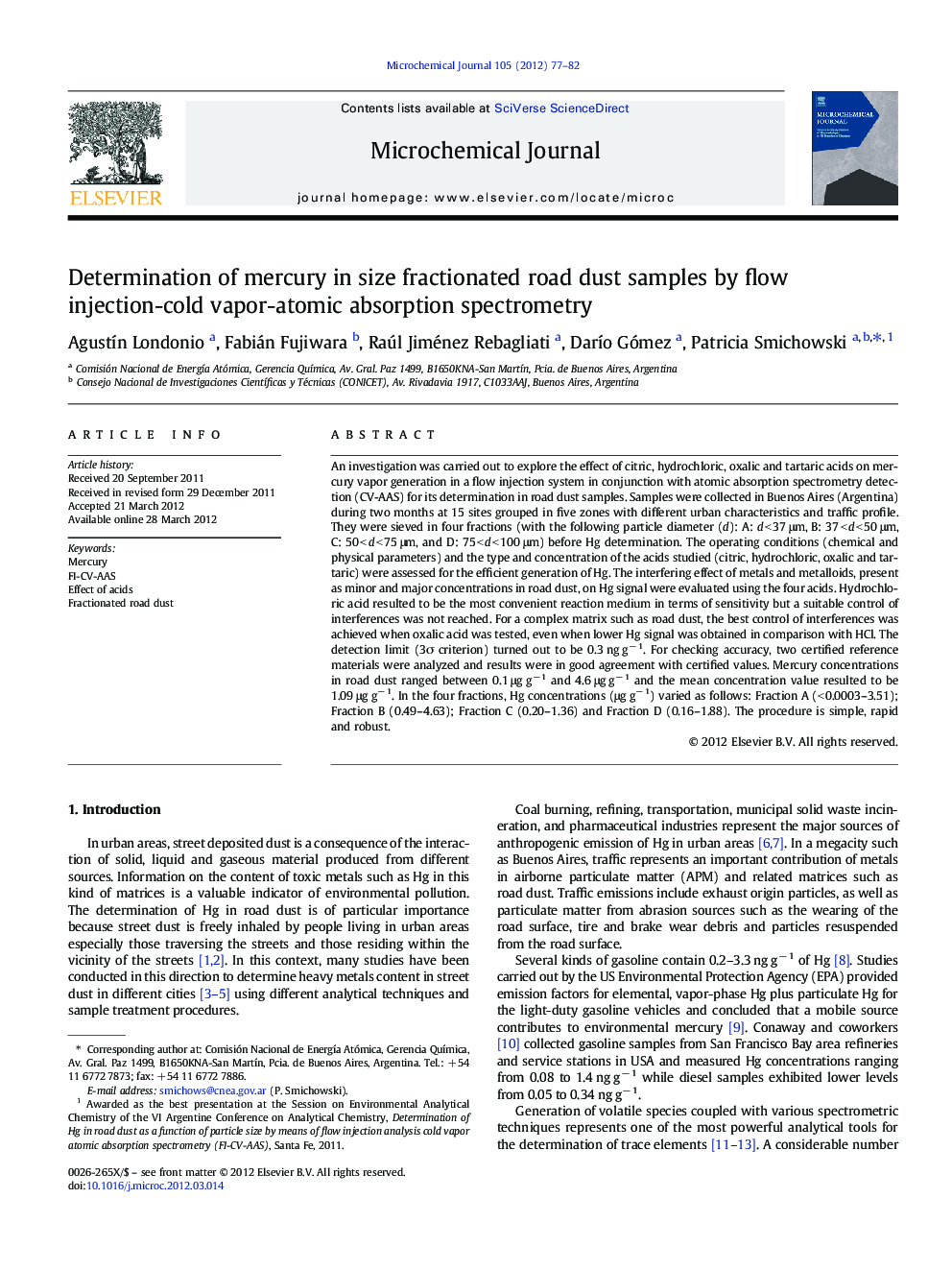 Determination of mercury in size fractionated road dust samples by flow injection-cold vapor-atomic absorption spectrometry