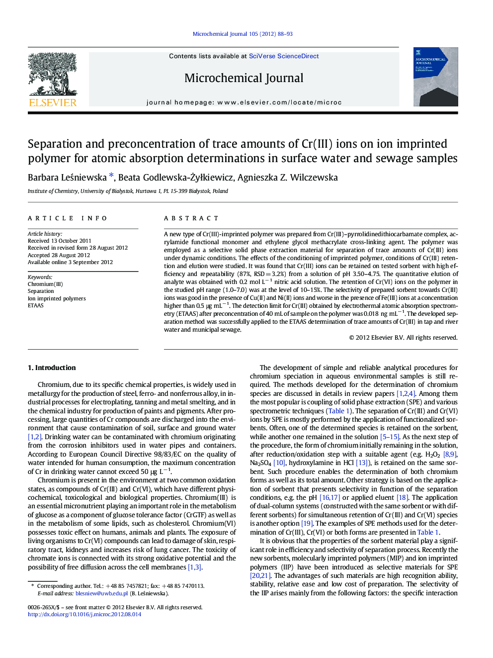 Separation and preconcentration of trace amounts of Cr(III) ions on ion imprinted polymer for atomic absorption determinations in surface water and sewage samples