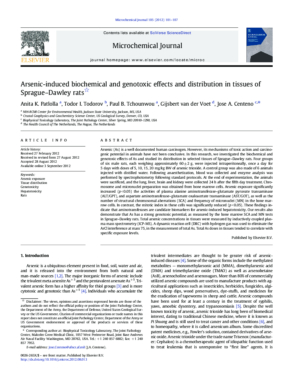 Arsenic-induced biochemical and genotoxic effects and distribution in tissues of Sprague–Dawley rats 