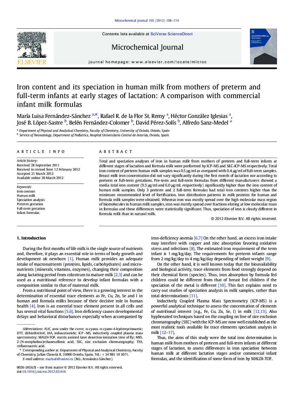 Iron content and its speciation in human milk from mothers of preterm and full-term infants at early stages of lactation: A comparison with commercial infant milk formulas