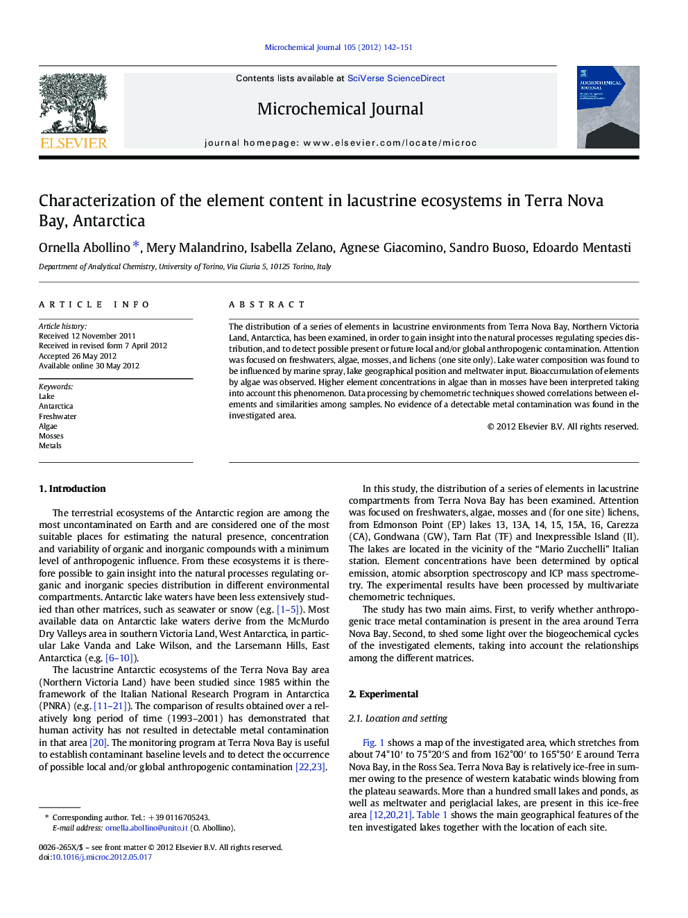 Characterization of the element content in lacustrine ecosystems in Terra Nova Bay, Antarctica