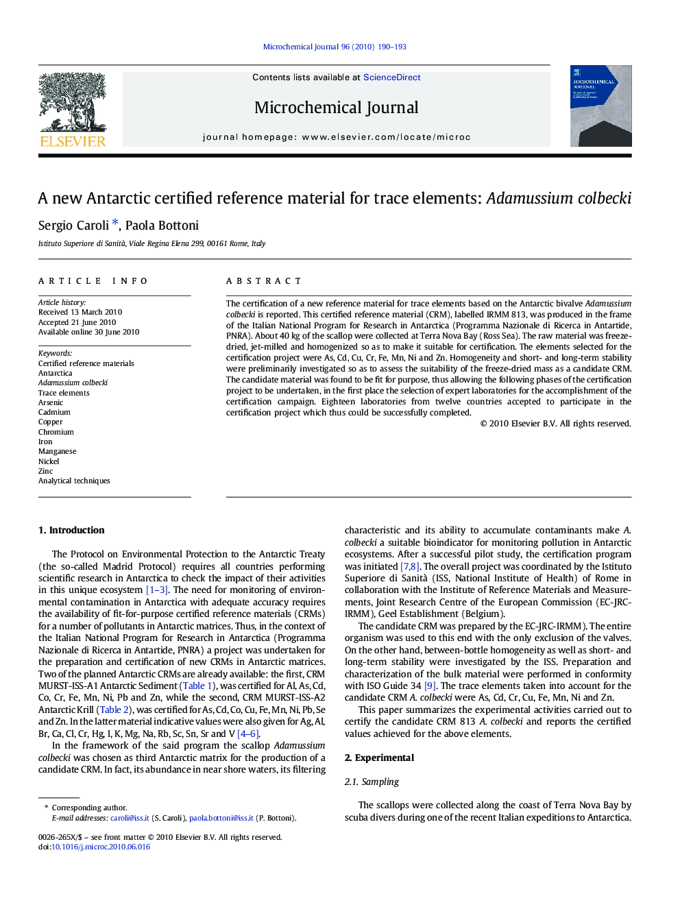 A new Antarctic certified reference material for trace elements: Adamussium colbecki