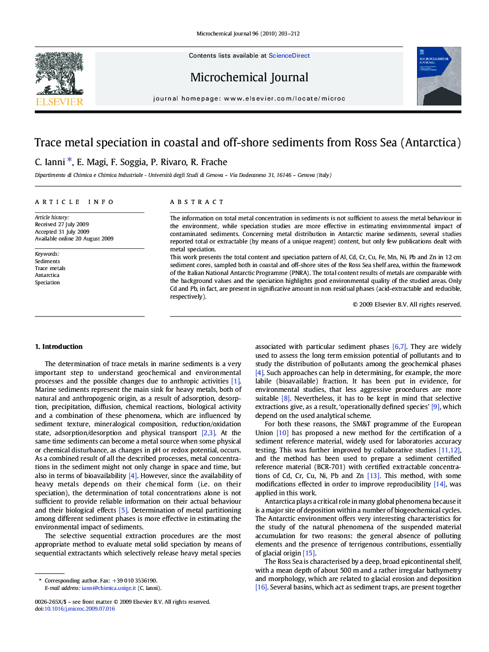 Trace metal speciation in coastal and off-shore sediments from Ross Sea (Antarctica)