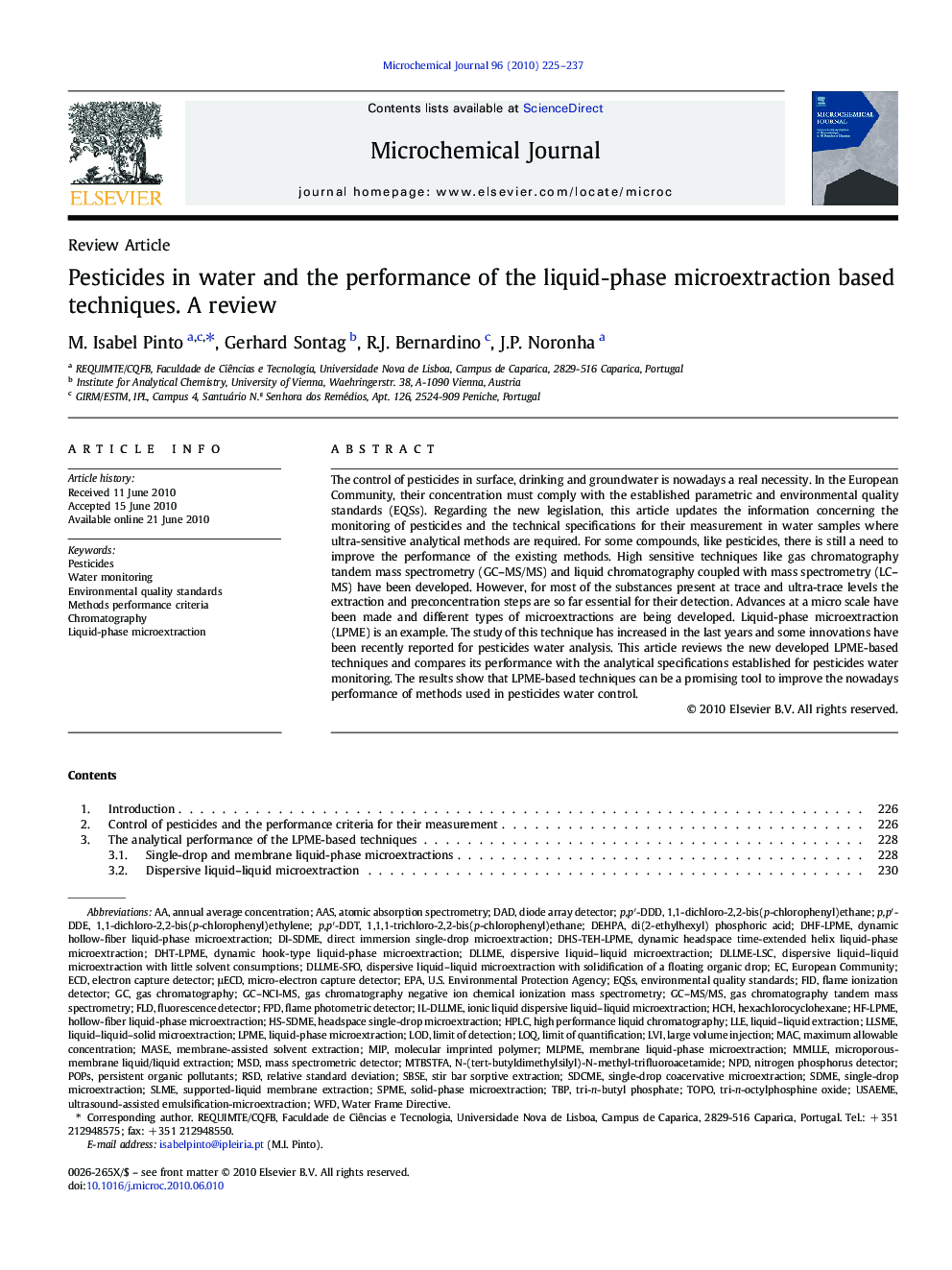 Pesticides in water and the performance of the liquid-phase microextraction based techniques. A review