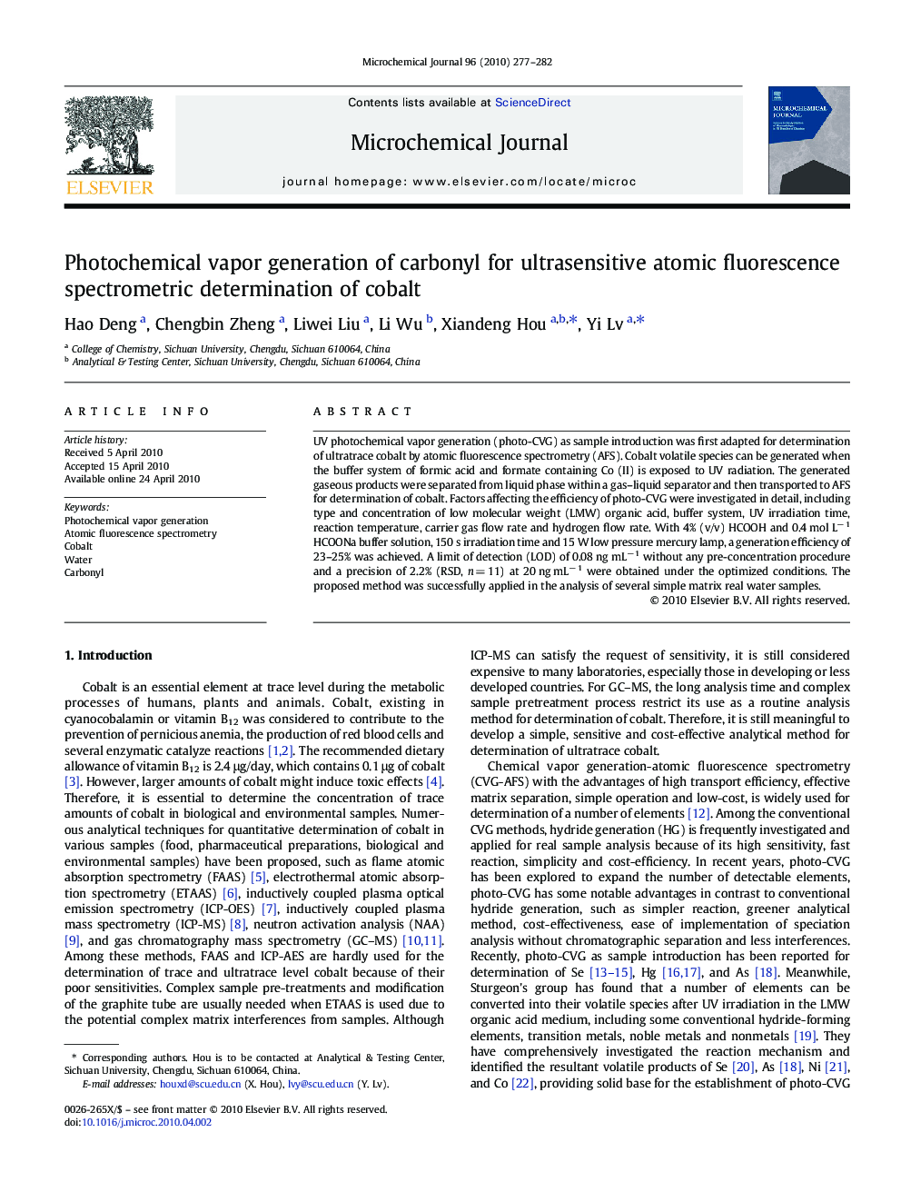 Photochemical vapor generation of carbonyl for ultrasensitive atomic fluorescence spectrometric determination of cobalt