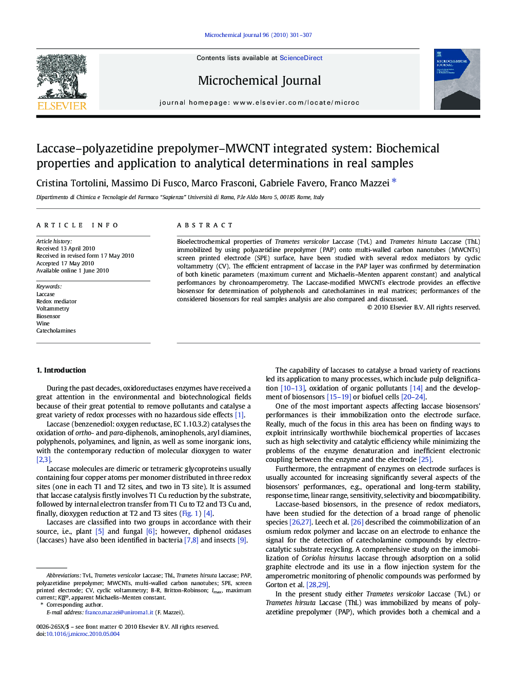 Laccase–polyazetidine prepolymer–MWCNT integrated system: Biochemical properties and application to analytical determinations in real samples