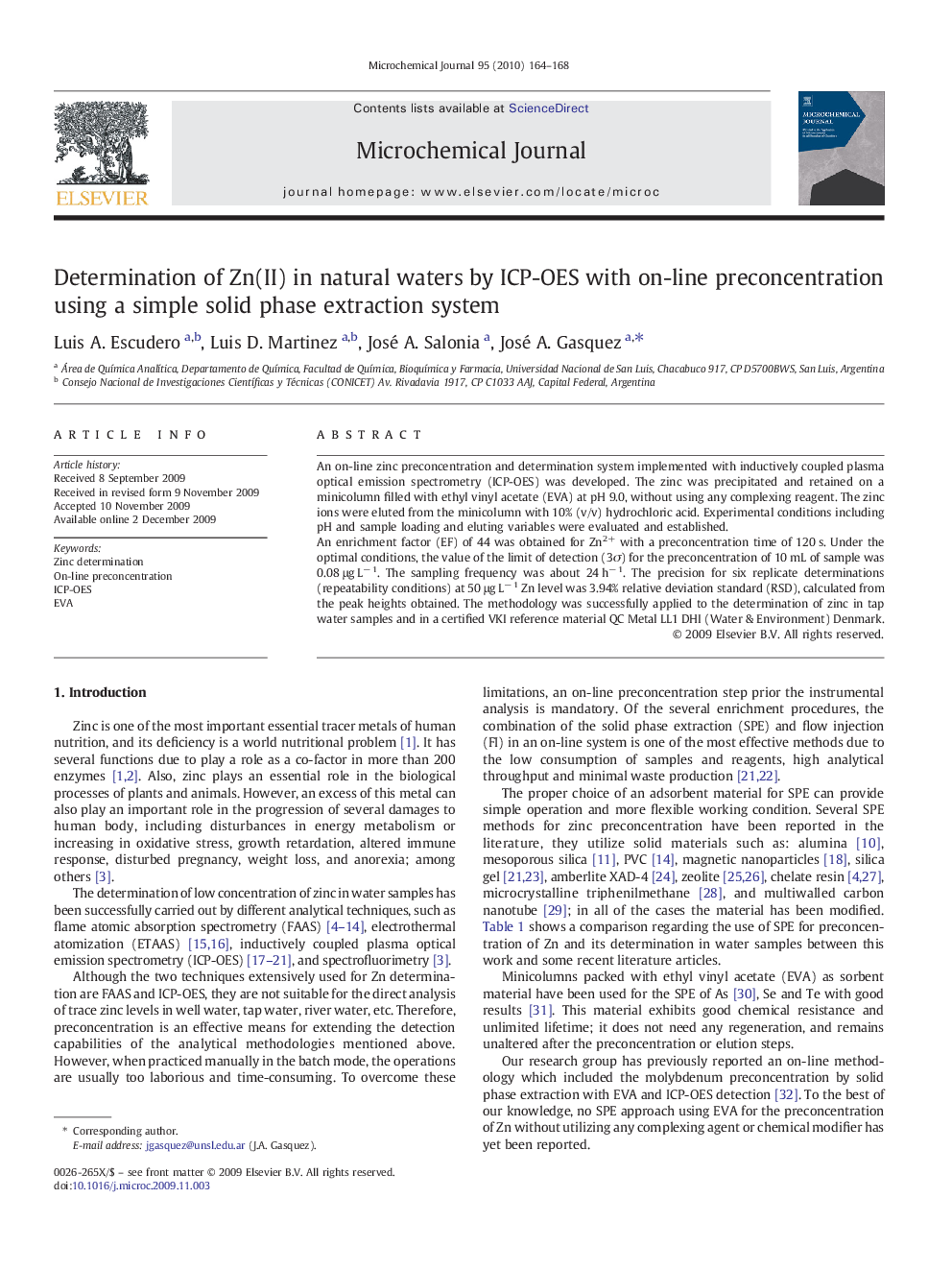 Determination of Zn(II) in natural waters by ICP-OES with on-line preconcentration using a simple solid phase extraction system