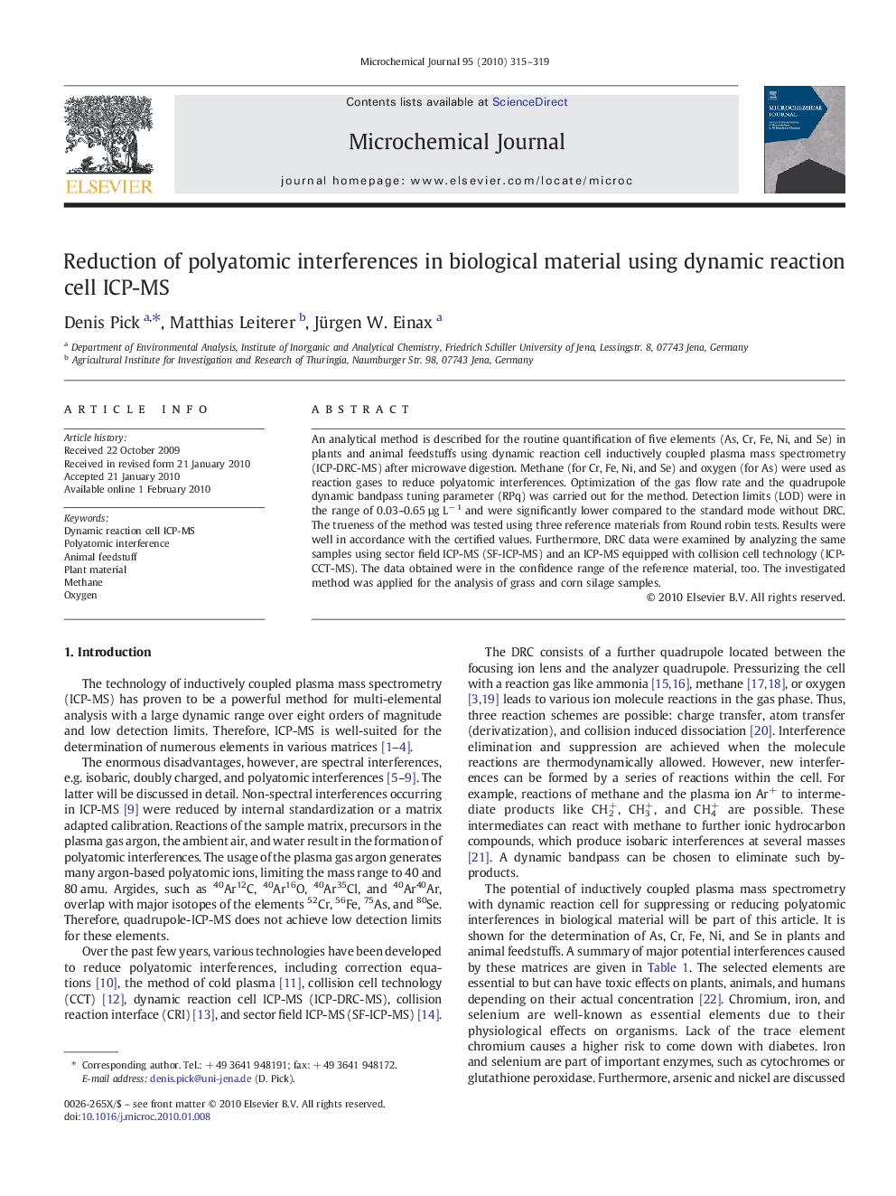 Reduction of polyatomic interferences in biological material using dynamic reaction cell ICP-MS