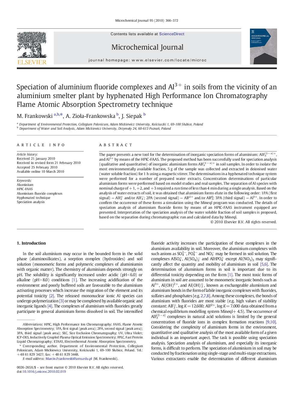 Speciation of aluminium fluoride complexes and Al3+ in soils from the vicinity of an aluminium smelter plant by hyphenated High Performance Ion Chromatography Flame Atomic Absorption Spectrometry technique