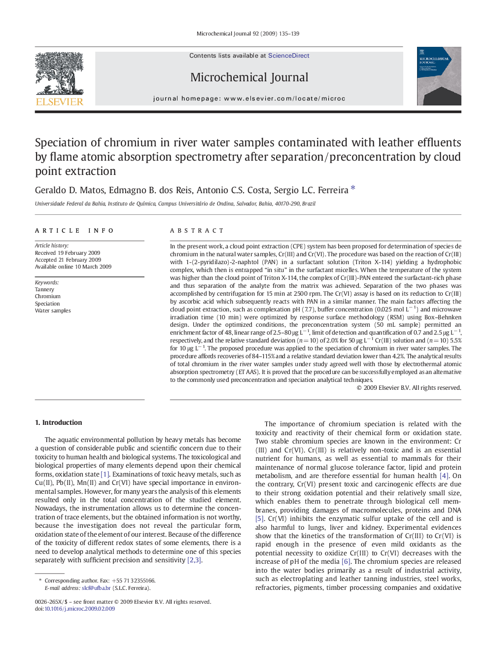 Speciation of chromium in river water samples contaminated with leather effluents by flame atomic absorption spectrometry after separation/preconcentration by cloud point extraction