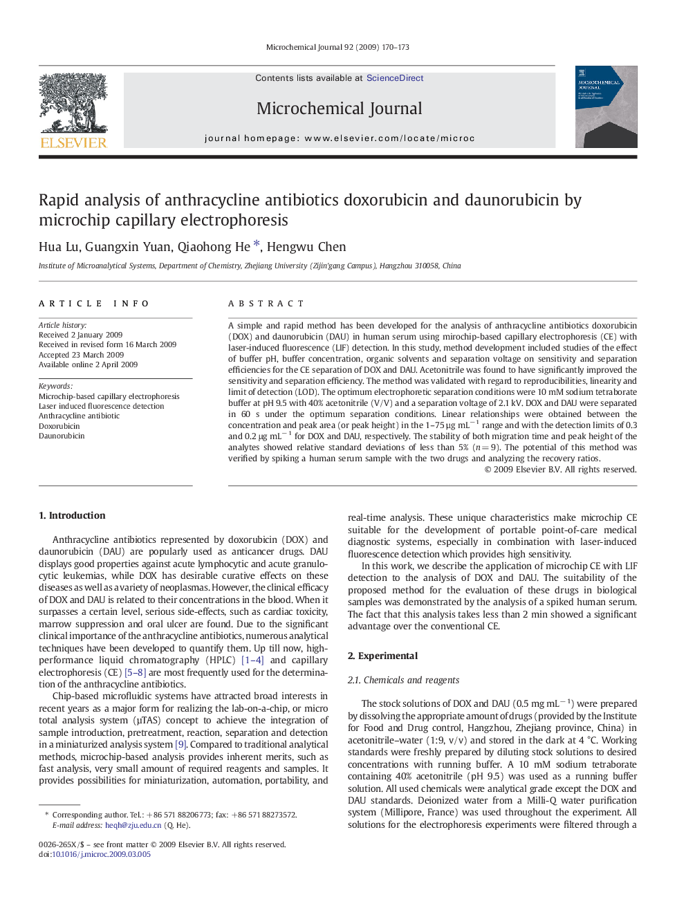 Rapid analysis of anthracycline antibiotics doxorubicin and daunorubicin by microchip capillary electrophoresis