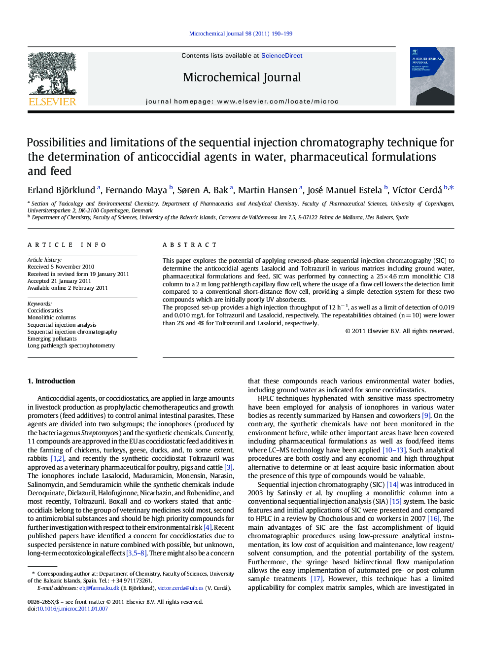 Possibilities and limitations of the sequential injection chromatography technique for the determination of anticoccidial agents in water, pharmaceutical formulations and feed