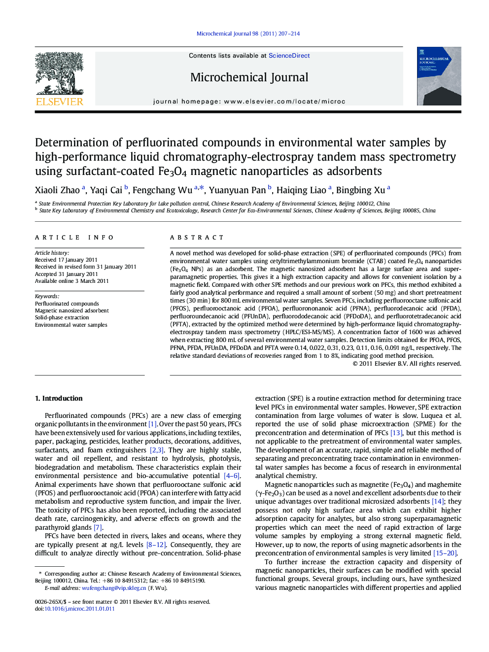 Determination of perfluorinated compounds in environmental water samples by high-performance liquid chromatography-electrospray tandem mass spectrometry using surfactant-coated Fe3O4 magnetic nanoparticles as adsorbents