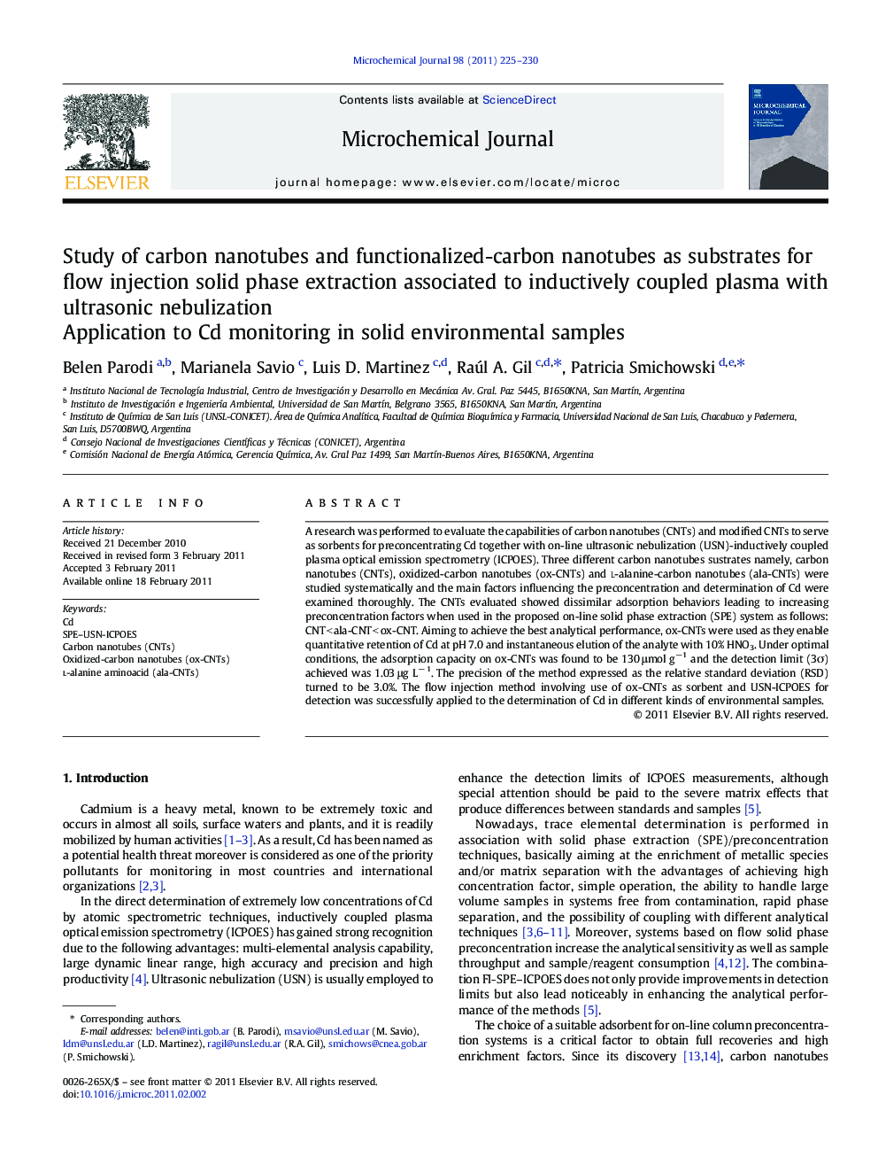 Study of carbon nanotubes and functionalized-carbon nanotubes as substrates for flow injection solid phase extraction associated to inductively coupled plasma with ultrasonic nebulization