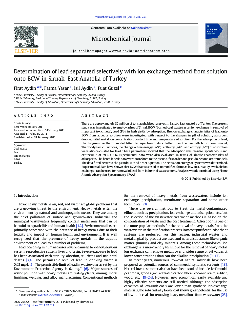 Determination of lead separated selectively with ion exchange method from solution onto BCW in Sirnak, East Anatolia of Turkey