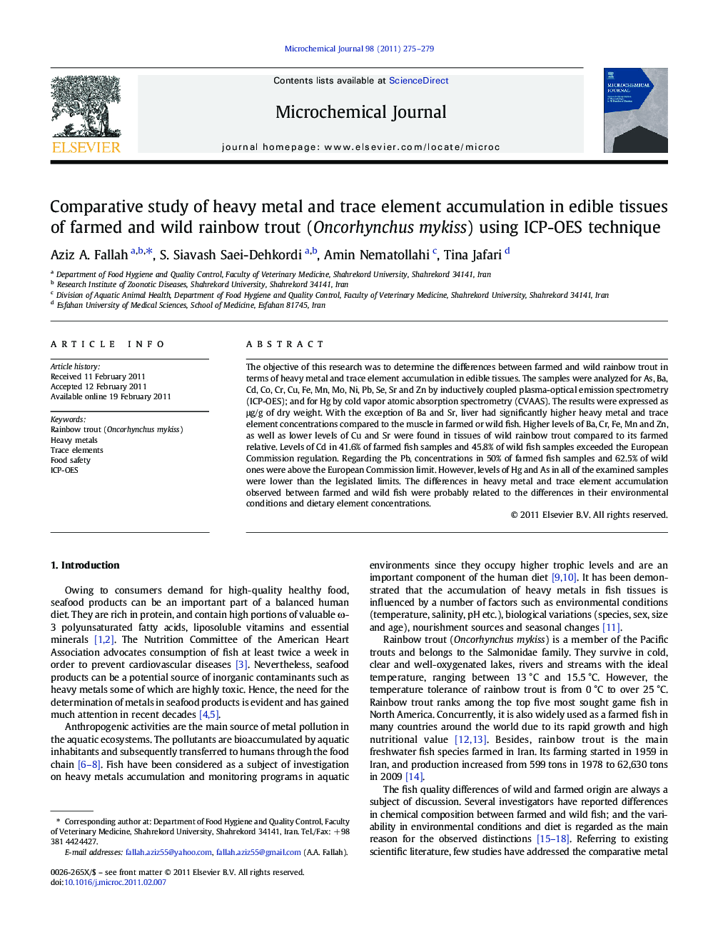 Comparative study of heavy metal and trace element accumulation in edible tissues of farmed and wild rainbow trout (Oncorhynchus mykiss) using ICP-OES technique