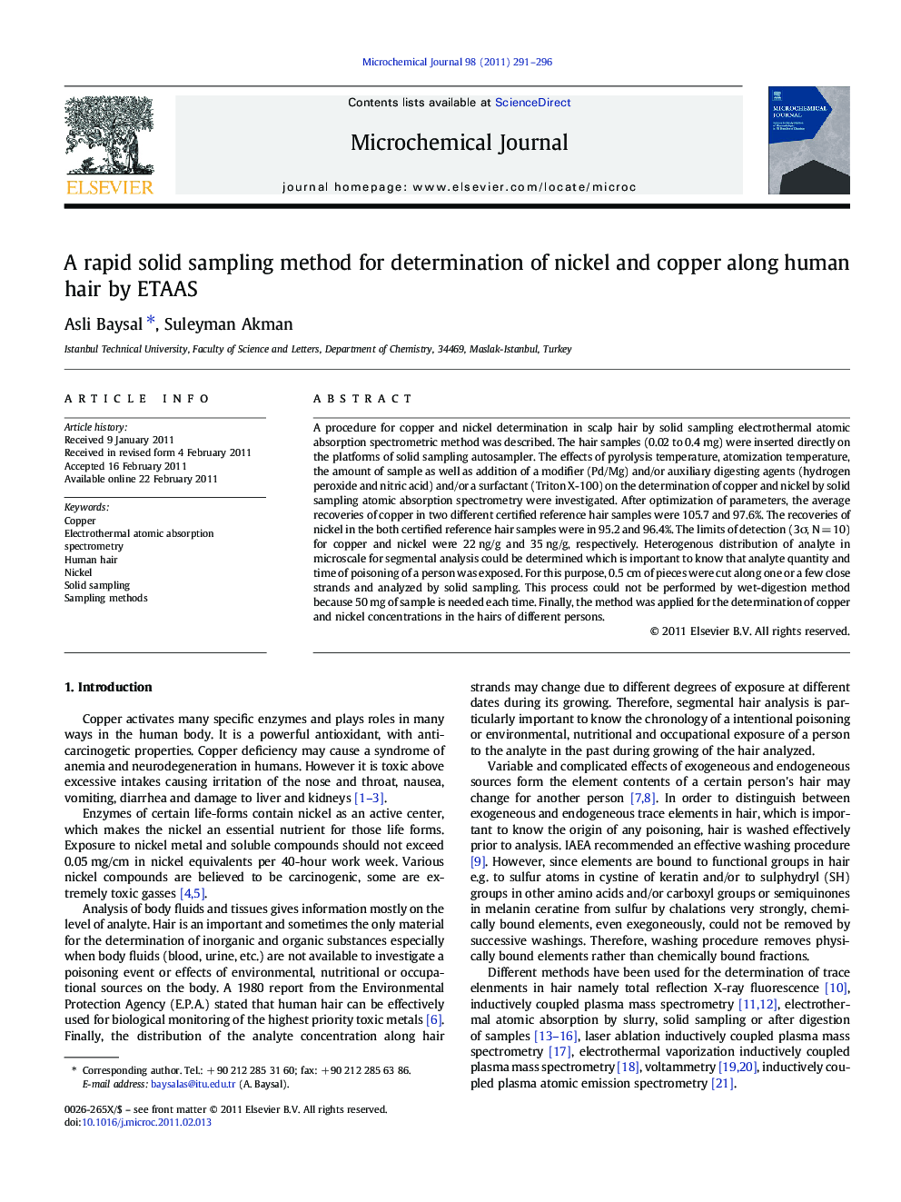 A rapid solid sampling method for determination of nickel and copper along human hair by ETAAS