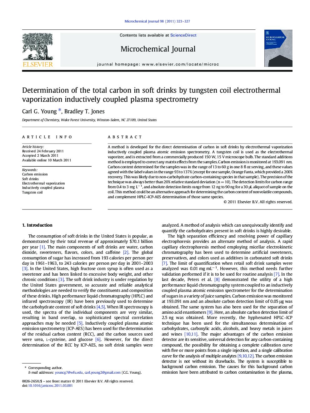 Determination of the total carbon in soft drinks by tungsten coil electrothermal vaporization inductively coupled plasma spectrometry