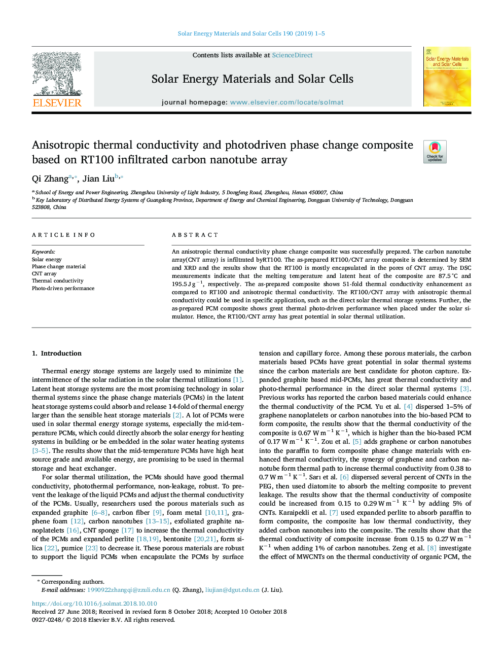 Anisotropic thermal conductivity and photodriven phase change composite based on RT100 infiltrated carbon nanotube array