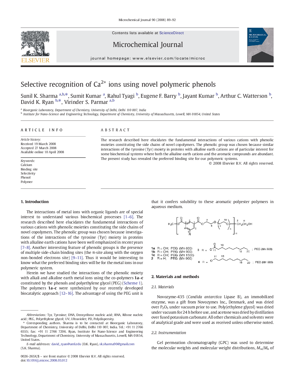 Selective recognition of Ca2+ ions using novel polymeric phenols