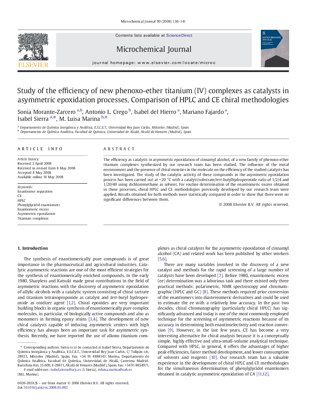 Study of the efficiency of new phenoxo-ether titanium (IV) complexes as catalysts in asymmetric epoxidation processes. Comparison of HPLC and CE chiral methodologies