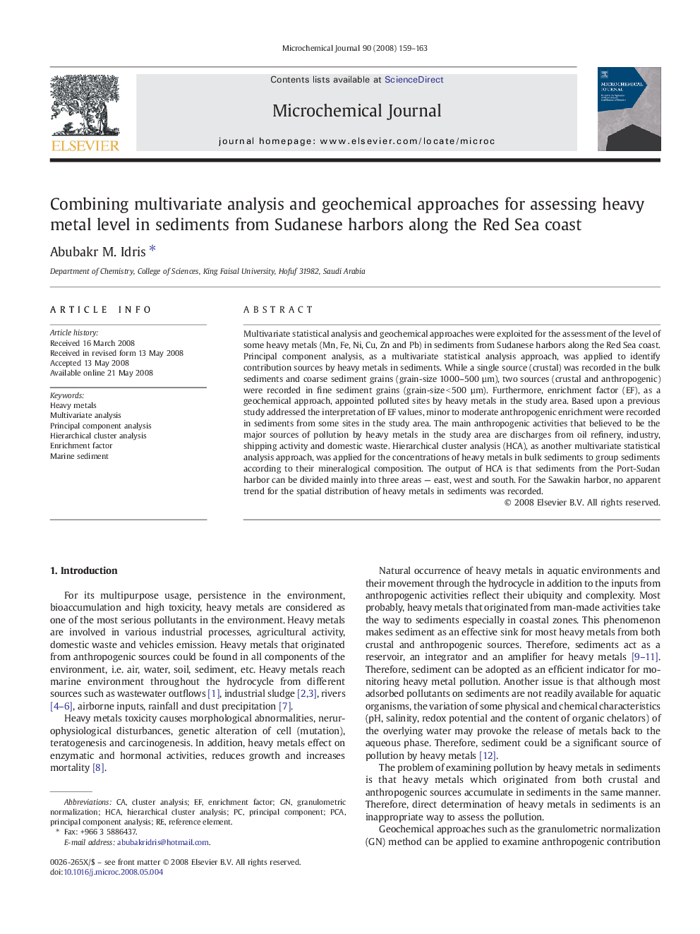 Combining multivariate analysis and geochemical approaches for assessing heavy metal level in sediments from Sudanese harbors along the Red Sea coast