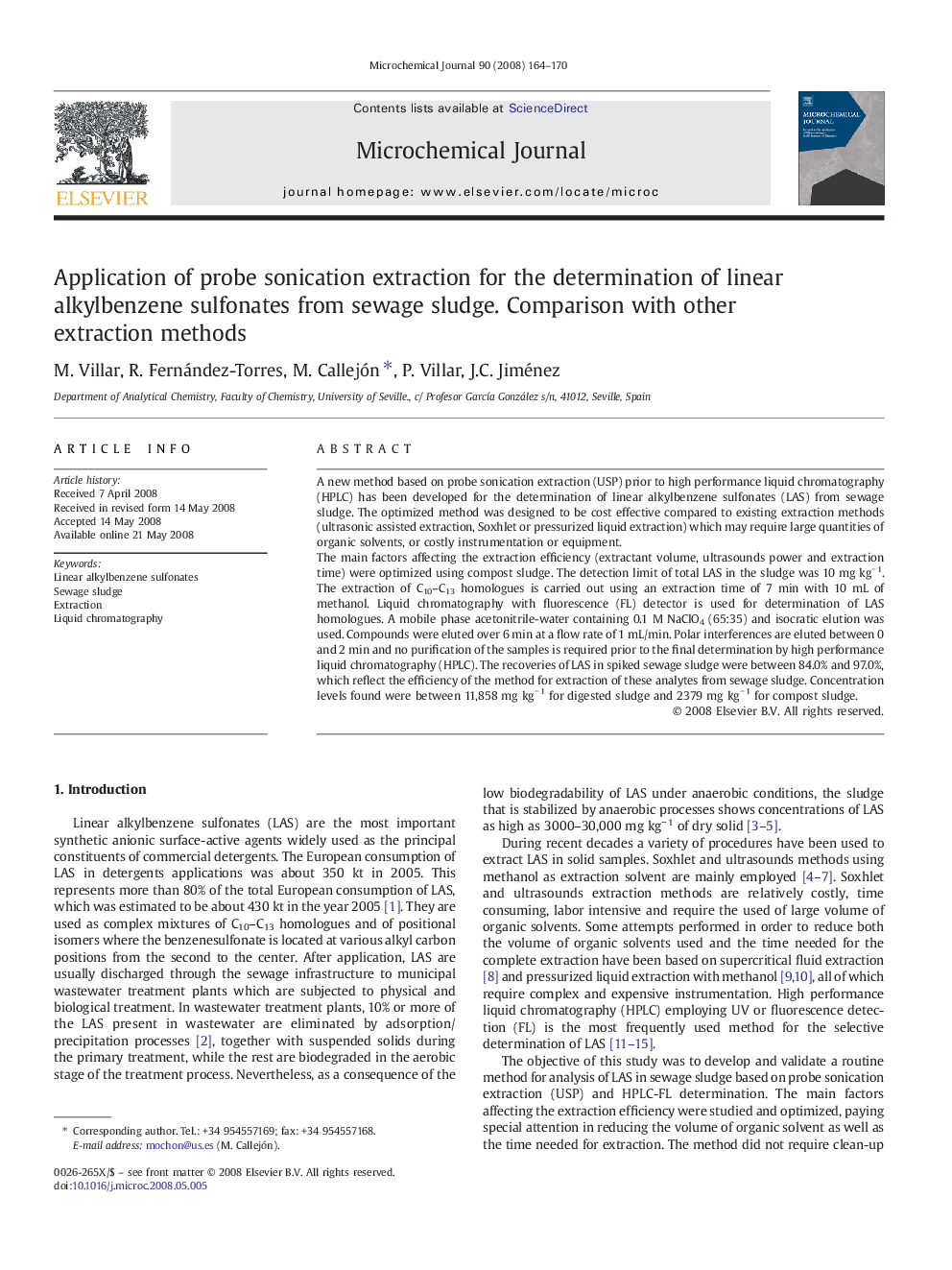 Application of probe sonication extraction for the determination of linear alkylbenzene sulfonates from sewage sludge. Comparison with other extraction methods