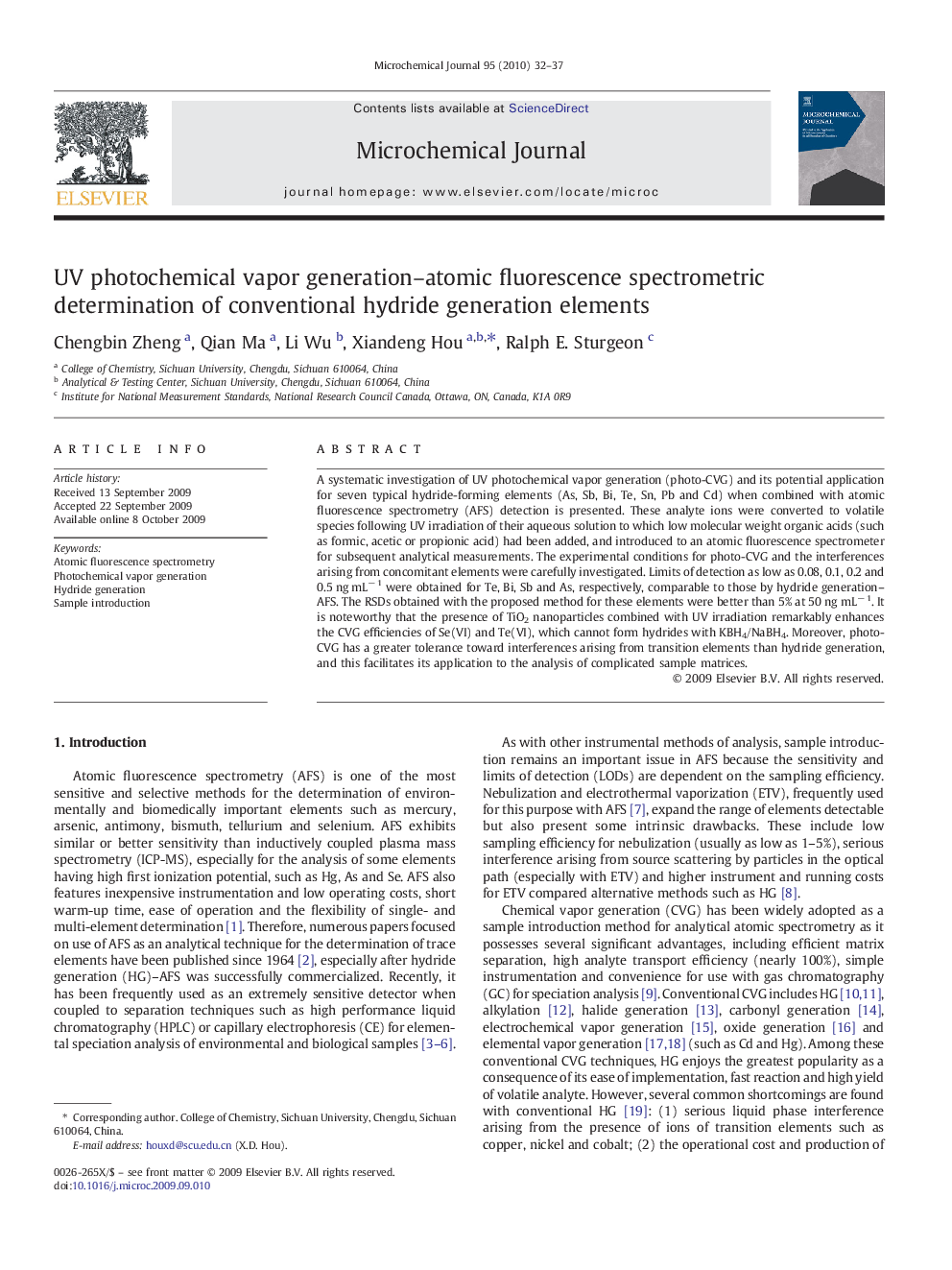 UV photochemical vapor generation–atomic fluorescence spectrometric determination of conventional hydride generation elements