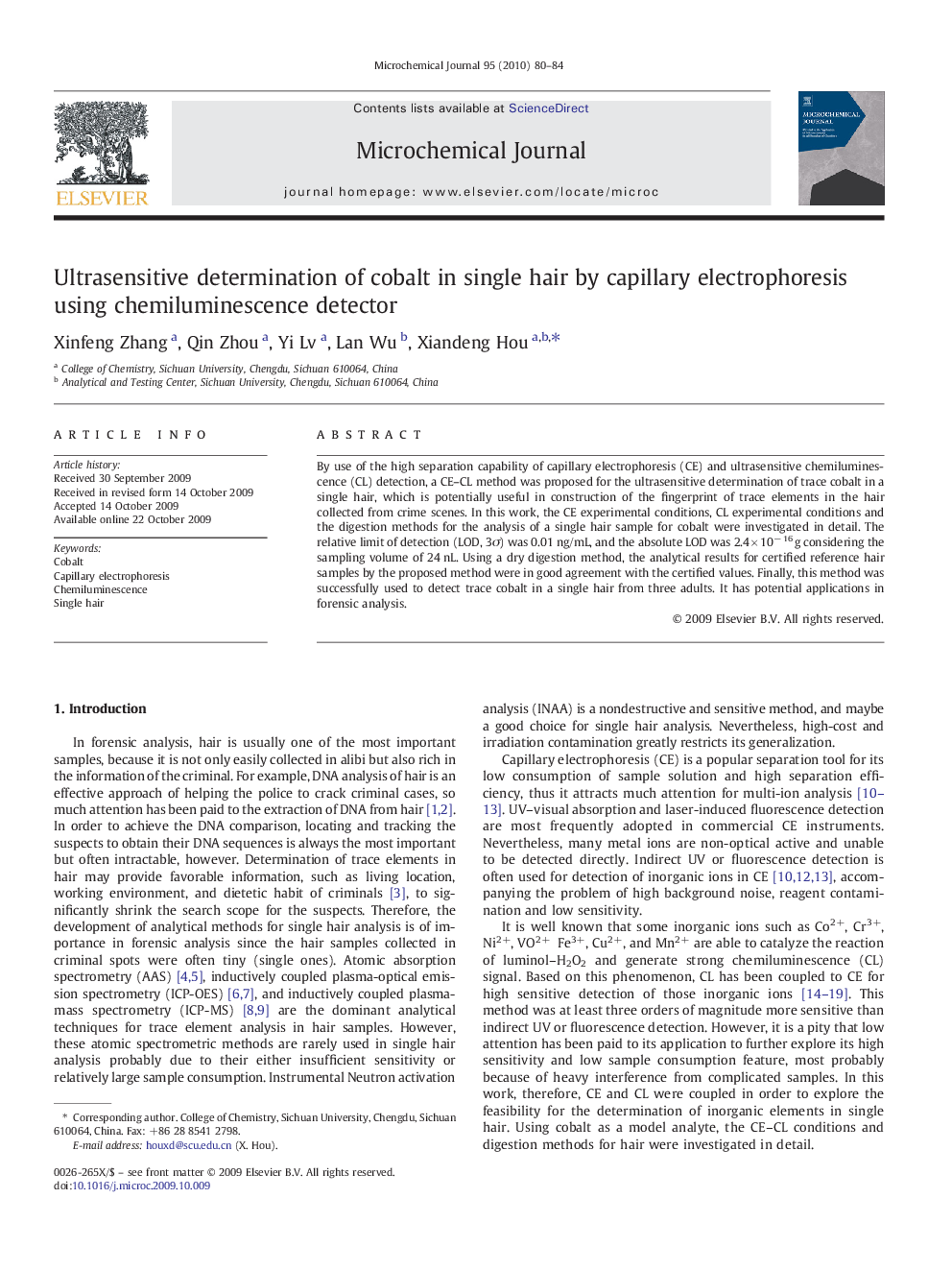 Ultrasensitive determination of cobalt in single hair by capillary electrophoresis using chemiluminescence detector