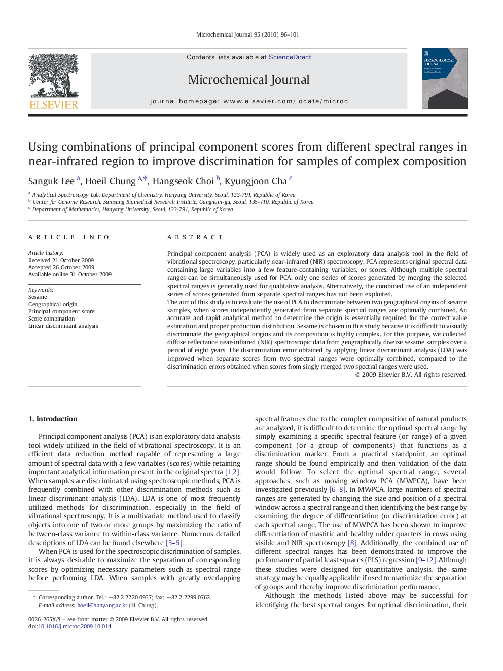 Using combinations of principal component scores from different spectral ranges in near-infrared region to improve discrimination for samples of complex composition