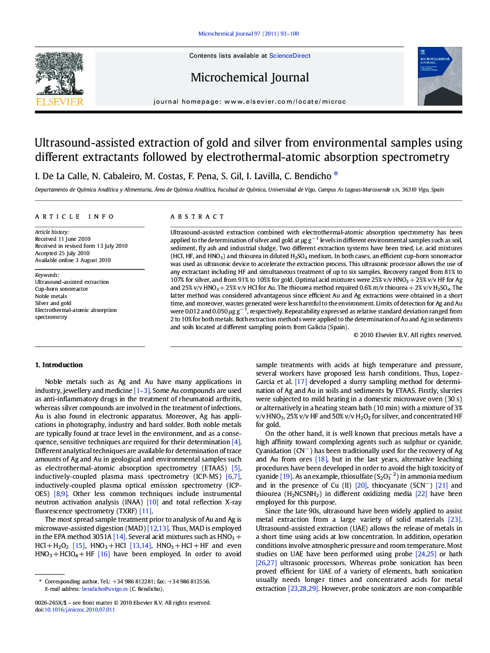 Ultrasound-assisted extraction of gold and silver from environmental samples using different extractants followed by electrothermal-atomic absorption spectrometry