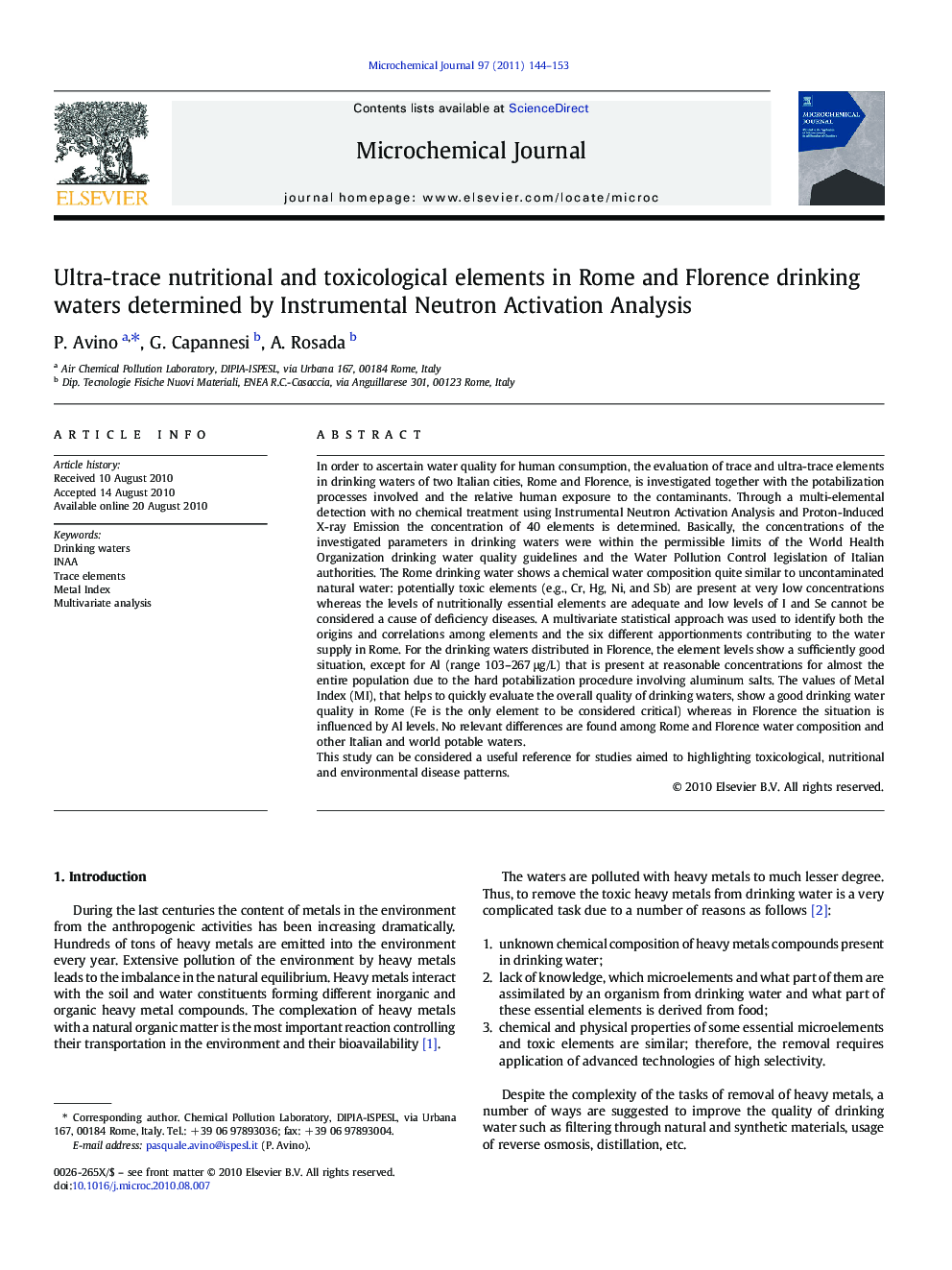 Ultra-trace nutritional and toxicological elements in Rome and Florence drinking waters determined by Instrumental Neutron Activation Analysis