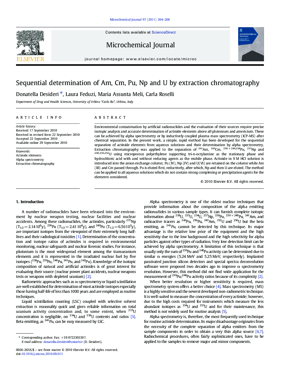 Sequential determination of Am, Cm, Pu, Np and U by extraction chromatography