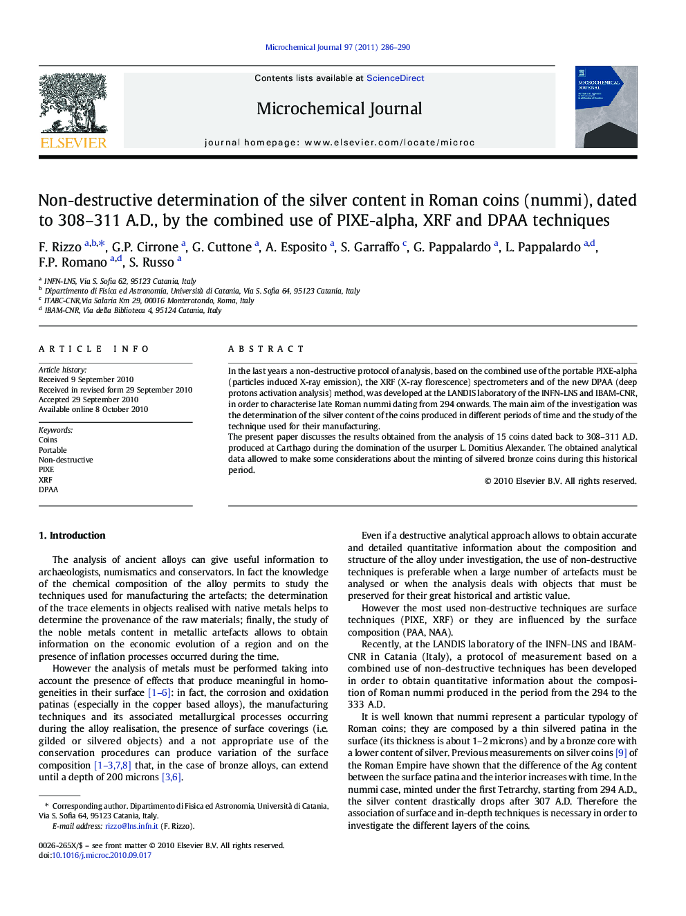 Non-destructive determination of the silver content in Roman coins (nummi), dated to 308–311 A.D., by the combined use of PIXE-alpha, XRF and DPAA techniques