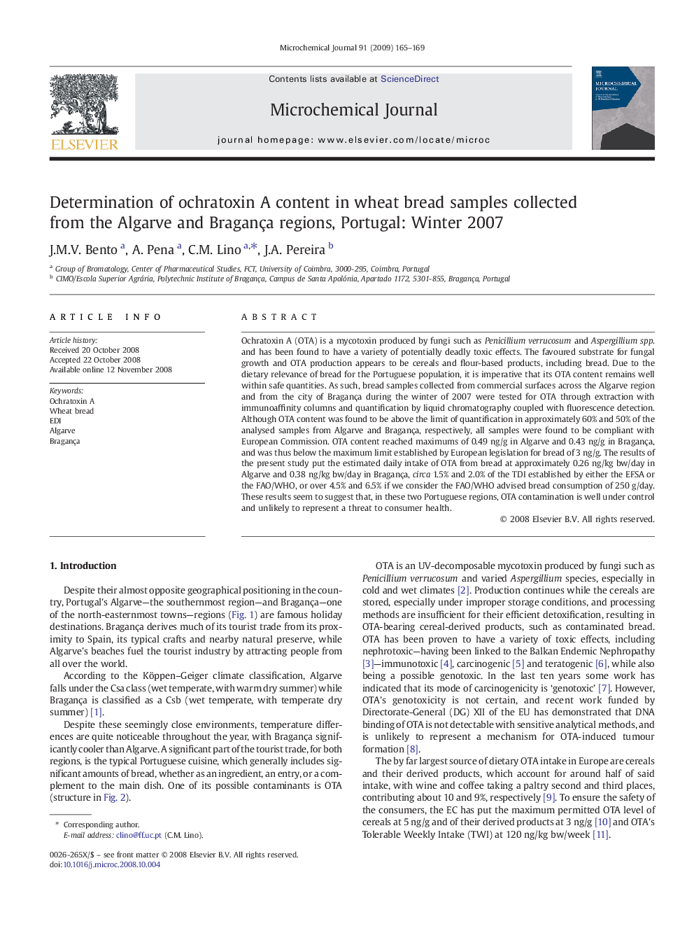 Determination of ochratoxin A content in wheat bread samples collected from the Algarve and Bragança regions, Portugal: Winter 2007