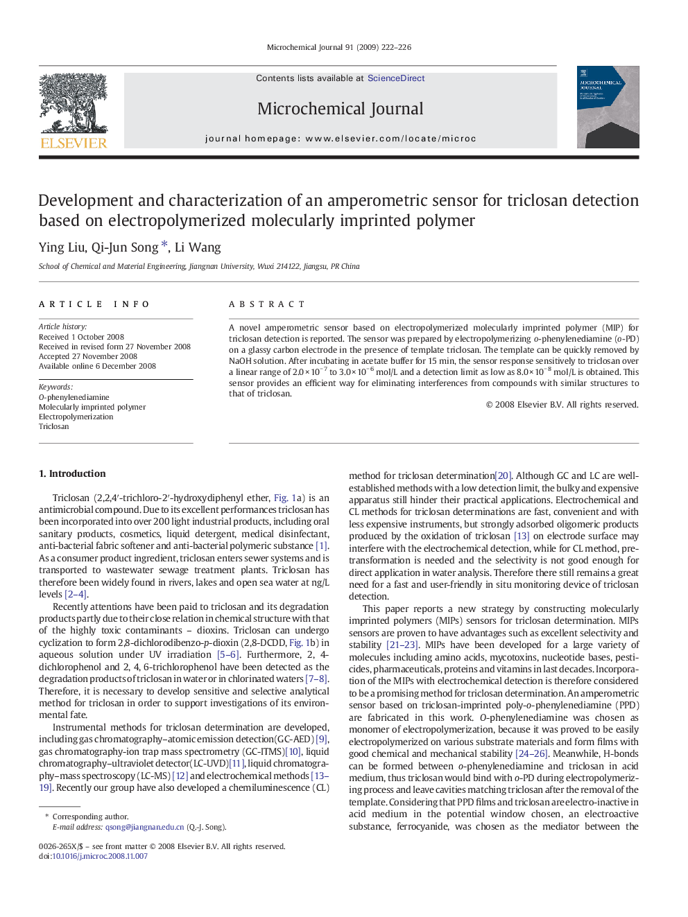 Development and characterization of an amperometric sensor for triclosan detection based on electropolymerized molecularly imprinted polymer