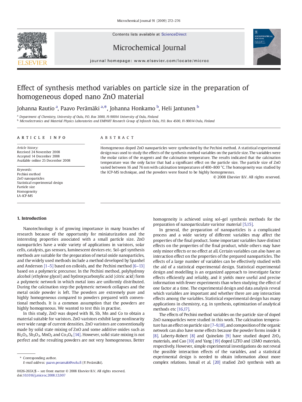 Effect of synthesis method variables on particle size in the preparation of homogeneous doped nano ZnO material