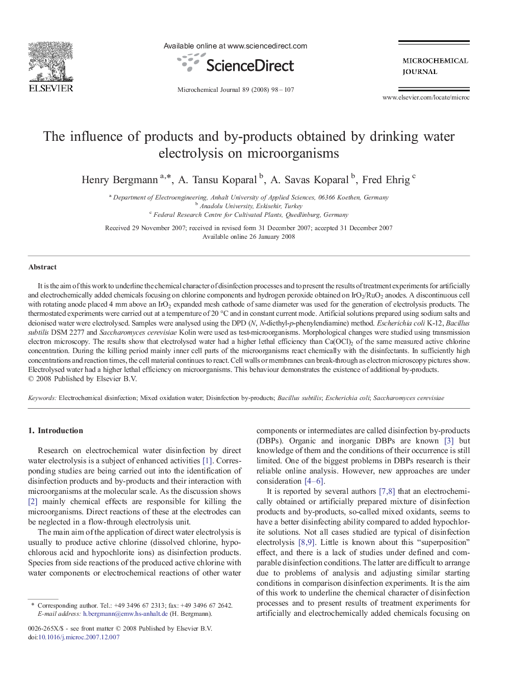 The influence of products and by-products obtained by drinking water electrolysis on microorganisms