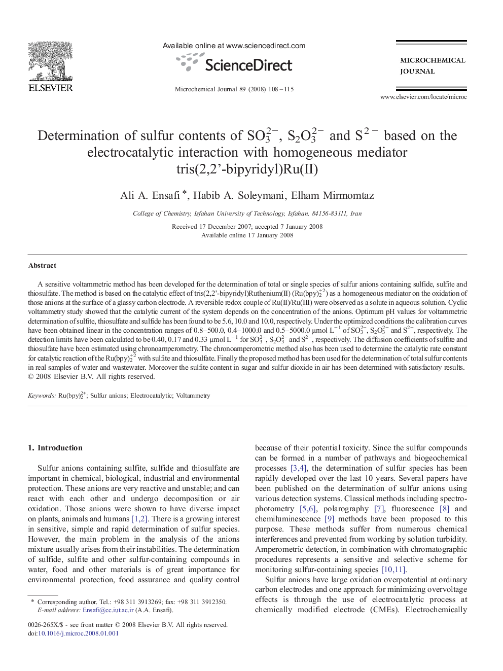 Determination of sulfur contents of SO32−, S2O32− and S2− based on the electrocatalytic interaction with homogeneous mediator tris(2,2'-bipyridyl)Ru(II)