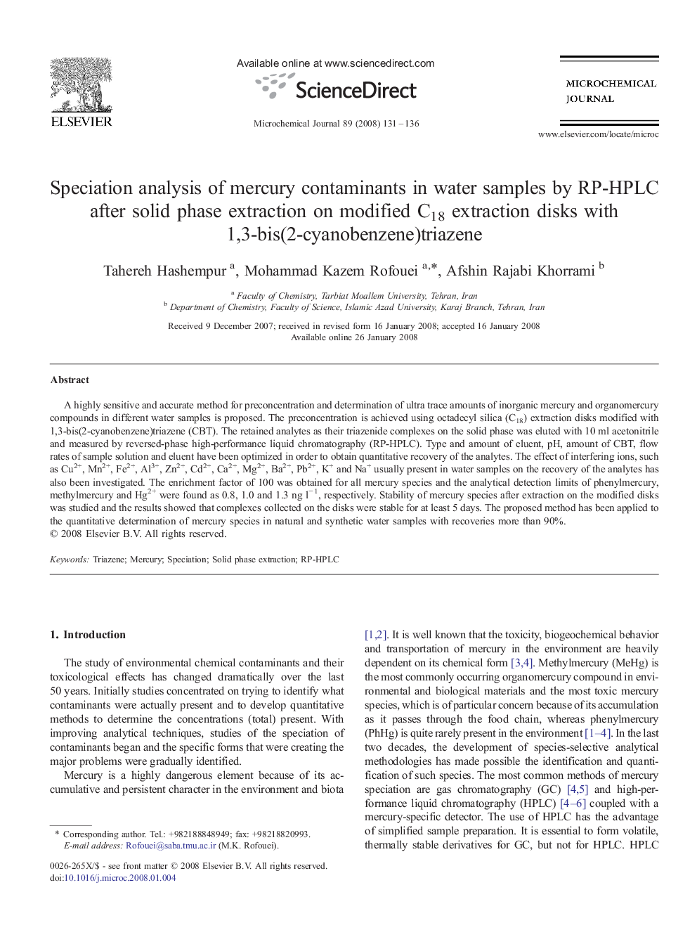 Speciation analysis of mercury contaminants in water samples by RP-HPLC after solid phase extraction on modified C18 extraction disks with 1,3-bis(2-cyanobenzene)triazene