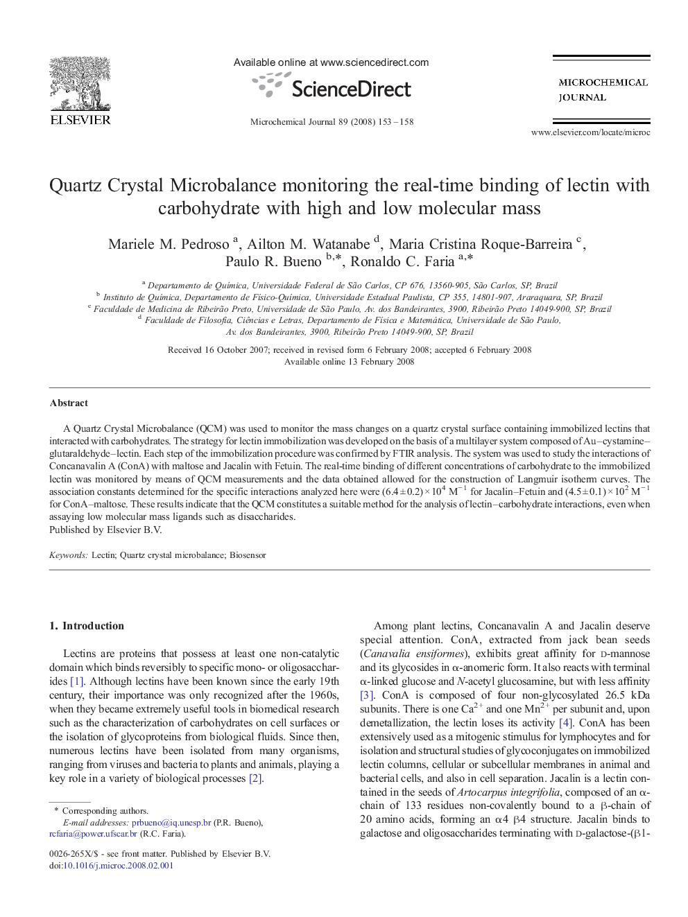 Quartz Crystal Microbalance monitoring the real-time binding of lectin with carbohydrate with high and low molecular mass