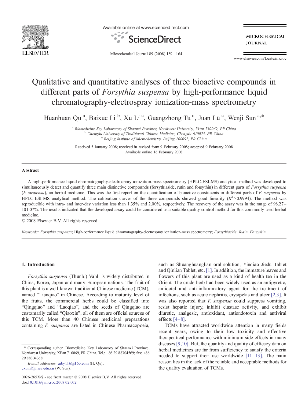 Qualitative and quantitative analyses of three bioactive compounds in different parts of Forsythia suspensa by high-performance liquid chromatography-electrospray ionization-mass spectrometry