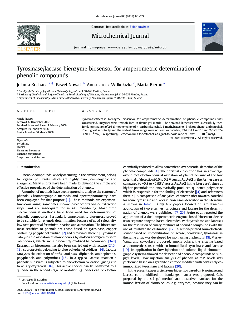 Tyrosinase/laccase bienzyme biosensor for amperometric determination of phenolic compounds