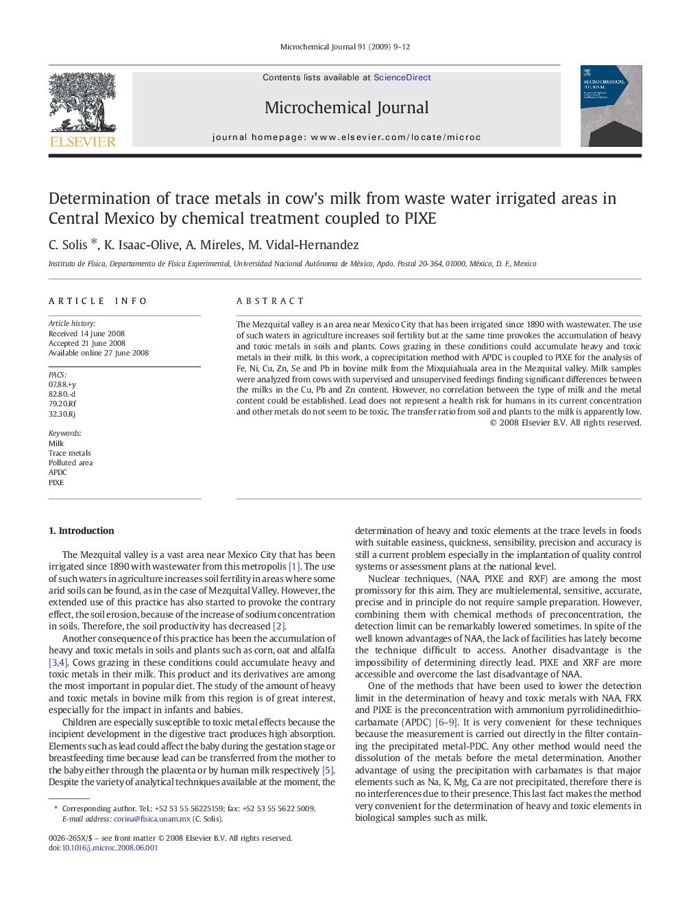 Determination of trace metals in cow's milk from waste water irrigated areas in Central Mexico by chemical treatment coupled to PIXE