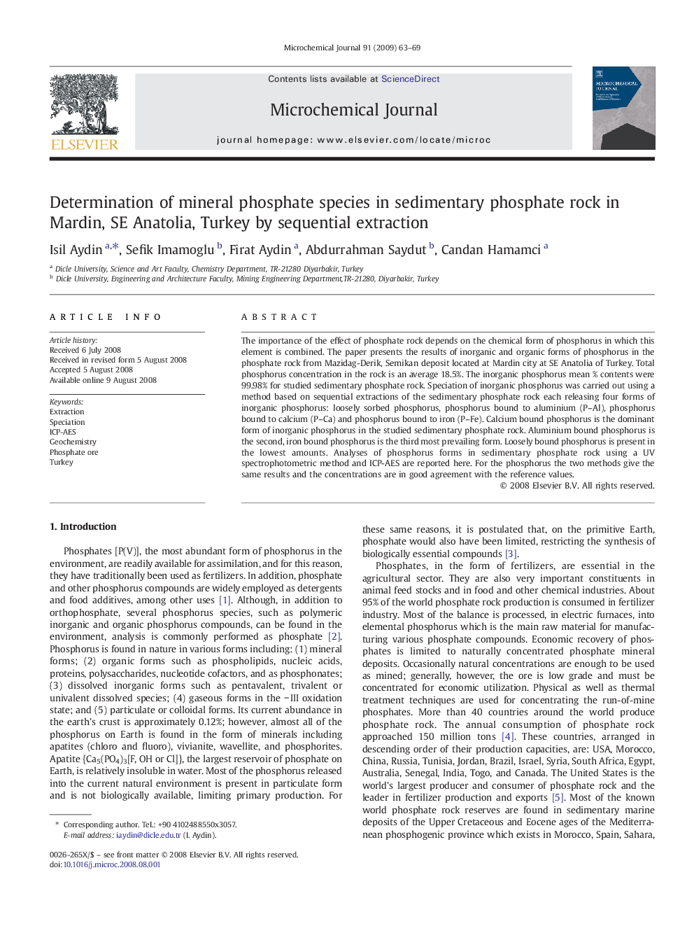 Determination of mineral phosphate species in sedimentary phosphate rock in Mardin, SE Anatolia, Turkey by sequential extraction