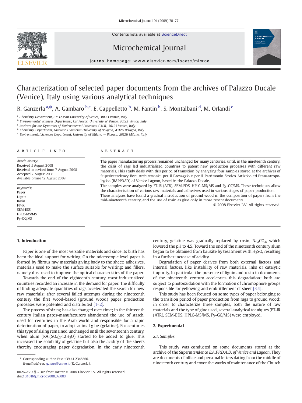 Characterization of selected paper documents from the archives of Palazzo Ducale (Venice), Italy using various analytical techniques