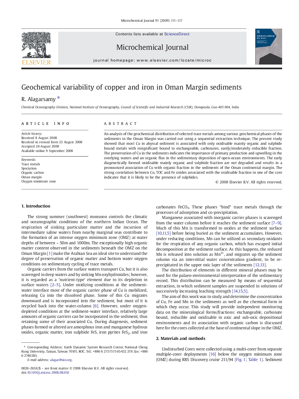 Geochemical variability of copper and iron in Oman Margin sediments